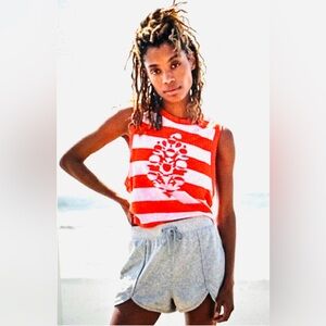 Free People - Red Stripe Printed Love Logo Muscle Tee Tank Top NWOT